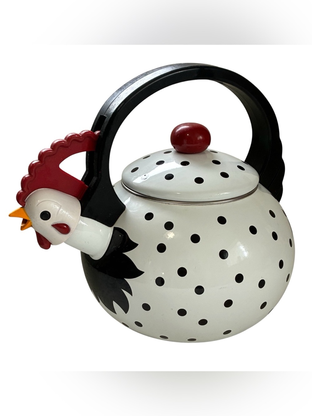 WHITE ROOSTER WHISTLING TEA KETTLE POLKA DOT ENAMEL ON STEEL